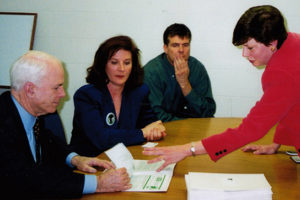 REP leaders Aurie Kryzuda (l) and Martha Marks (r) meet with John McCain and his staff in January 2000.