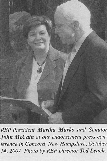 Senator John McCain reacts to REP President Martha Marks' second-time-around endorsement.